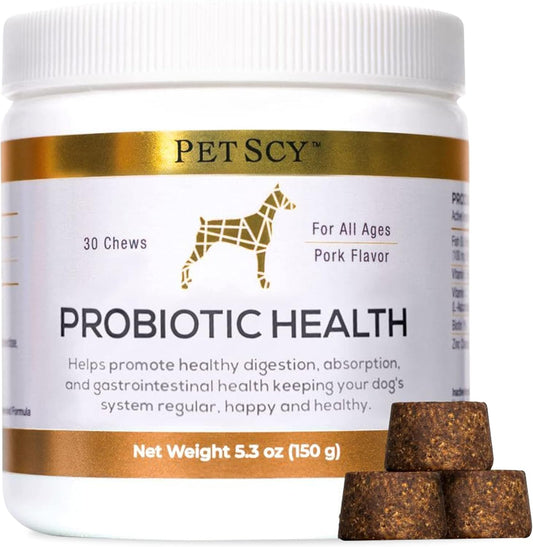 PetScy Probiotic Chews for Dogs - All Ages, Sizes & Breeds, Prebiotic Fiber, Omega-3, Skin, Coat, Gut Health - 30 Chews
