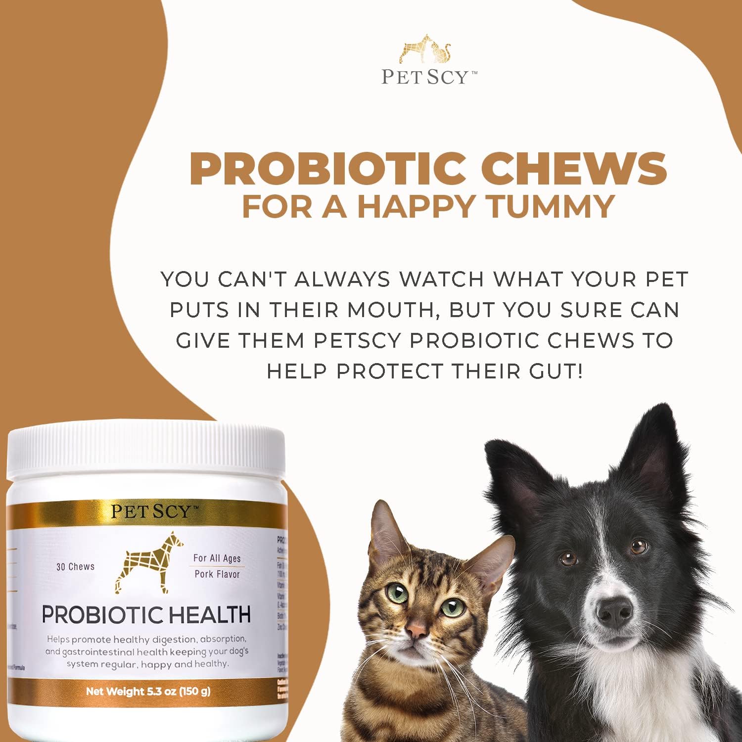PetScy Probiotic Chews for Dogs - All Ages, Sizes & Breeds, Prebiotic Fiber, Omega-3, Skin, Coat, Gut Health - 30 Chews