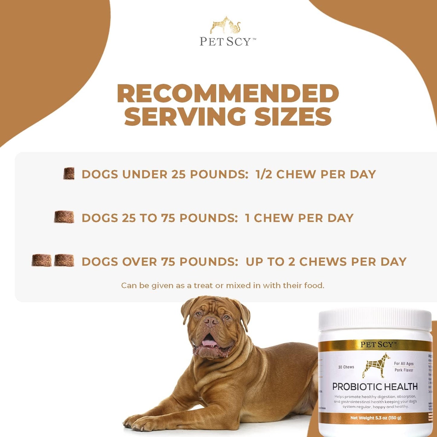PetScy Probiotic Chews for Dogs - All Ages, Sizes & Breeds, Prebiotic Fiber, Omega-3, Skin, Coat, Gut Health - 30 Chews