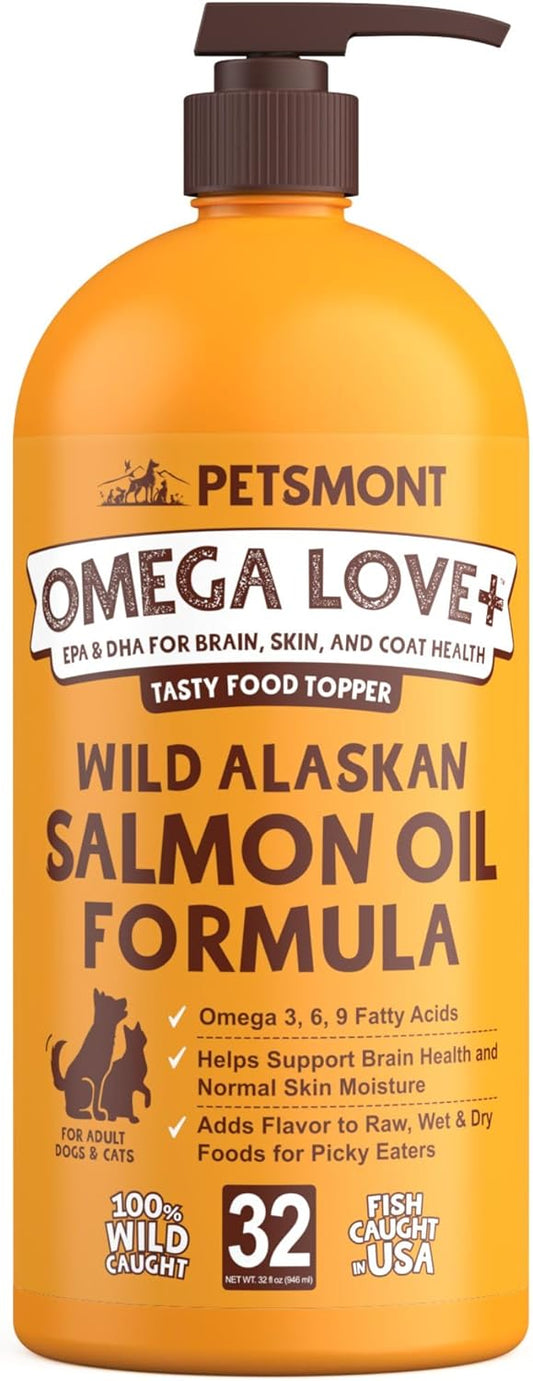 Petsmont Wild Alaskan Salmon Oil for Dogs and Cats 32 oz - Liquid Omega Supplement for Joint, Immune, and Heart Health - Natural EPA and DHA Fatty Acids