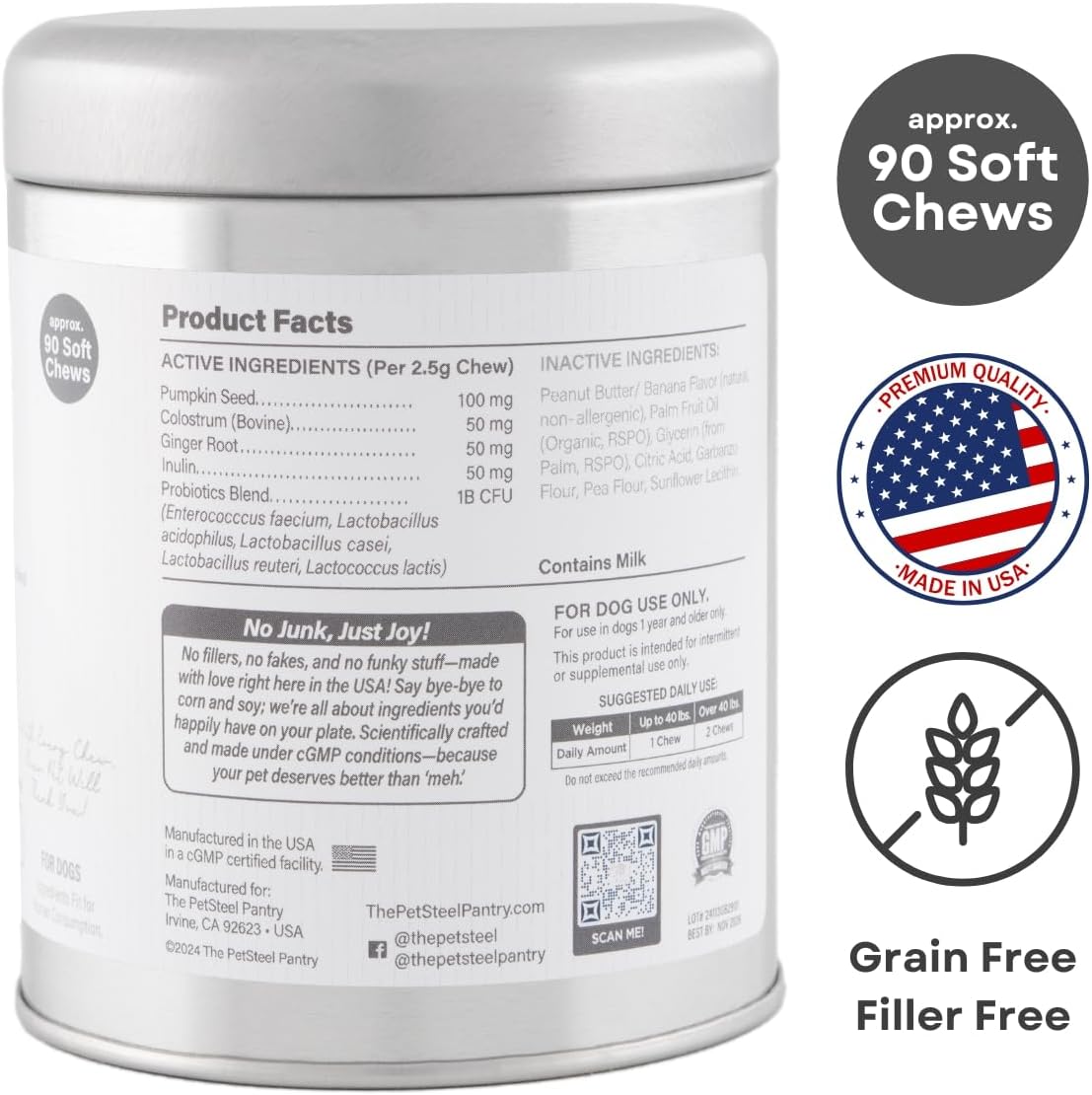 PetSteel Probiotic Dog Supplement with Prebiotics for Digestive Health, Allergy Support, and Joint Relief - 90 Soft Chews for Gut Health and Itchy Skin