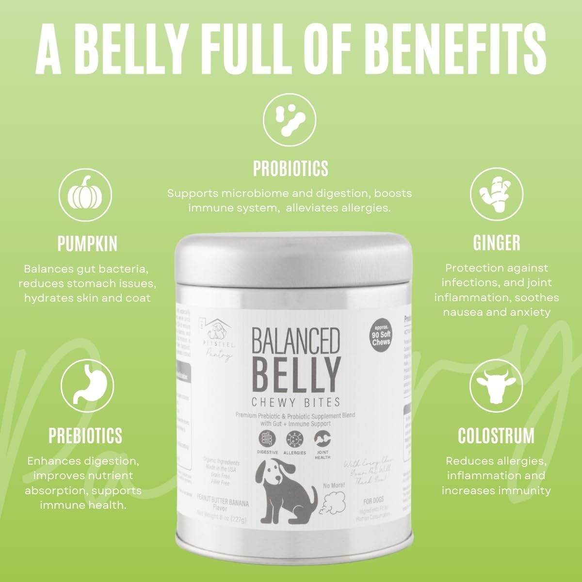 PetSteel Probiotic Dog Supplement with Prebiotics for Digestive Health, Allergy Support, and Joint Relief - 90 Soft Chews for Gut Health and Itchy Skin