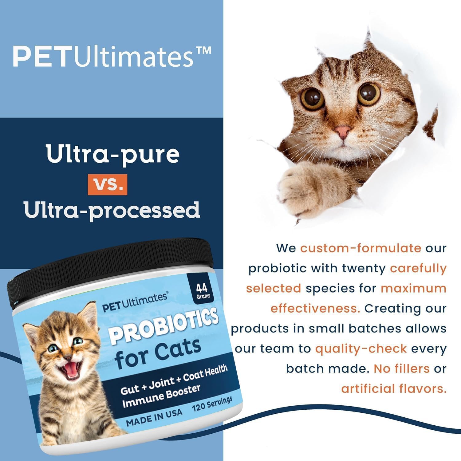 PetUltimates Probiotics for Cats - 20-Species Cat Probiotic Powder for Diarrhea, Vomiting, Digestive Support & Antibiotics Recovery - Cat Health Supplies (44g)