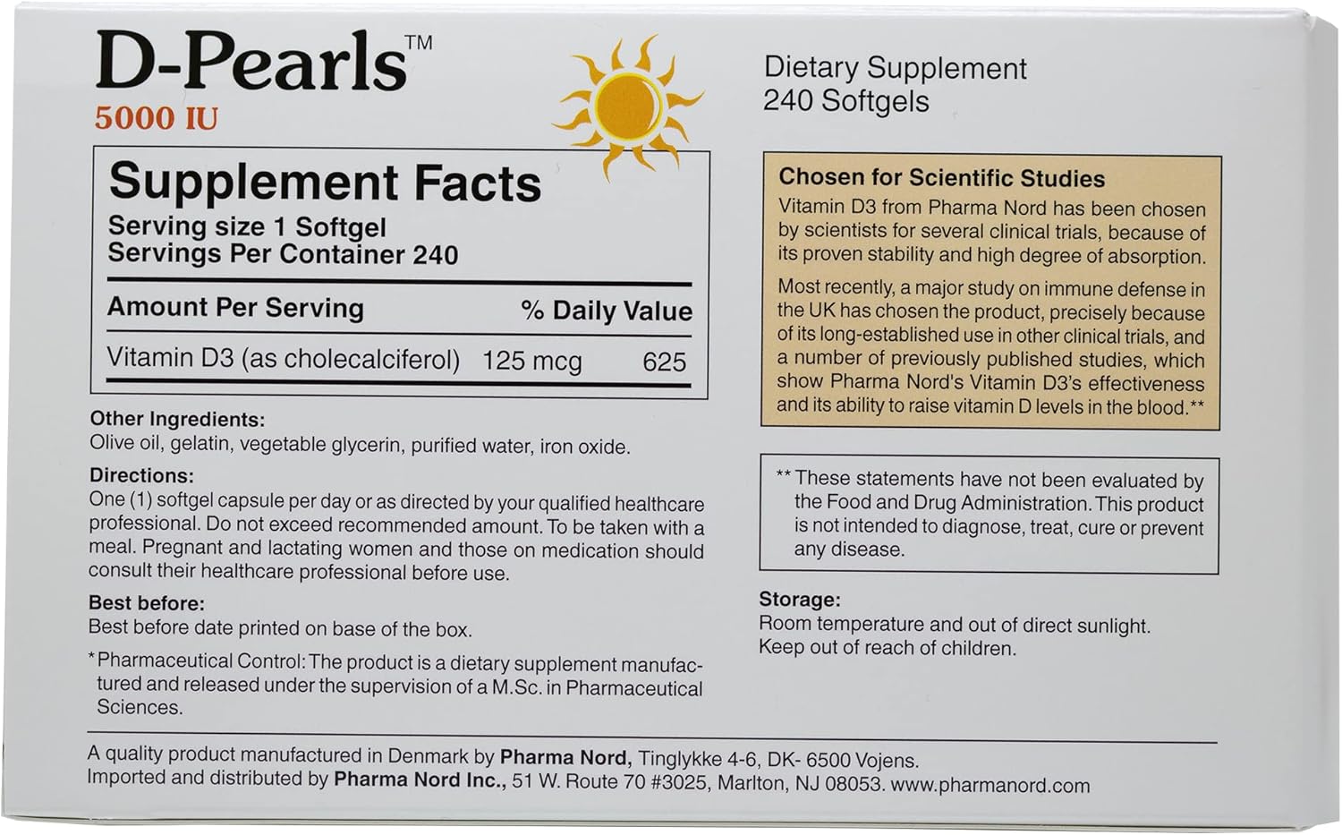 Pharma Nord D-Pearls Vitamin D3 5000 IU (125mcg) for Immune Support, Bone Health | Easy-to-Swallow Supplement in Olive Oil
