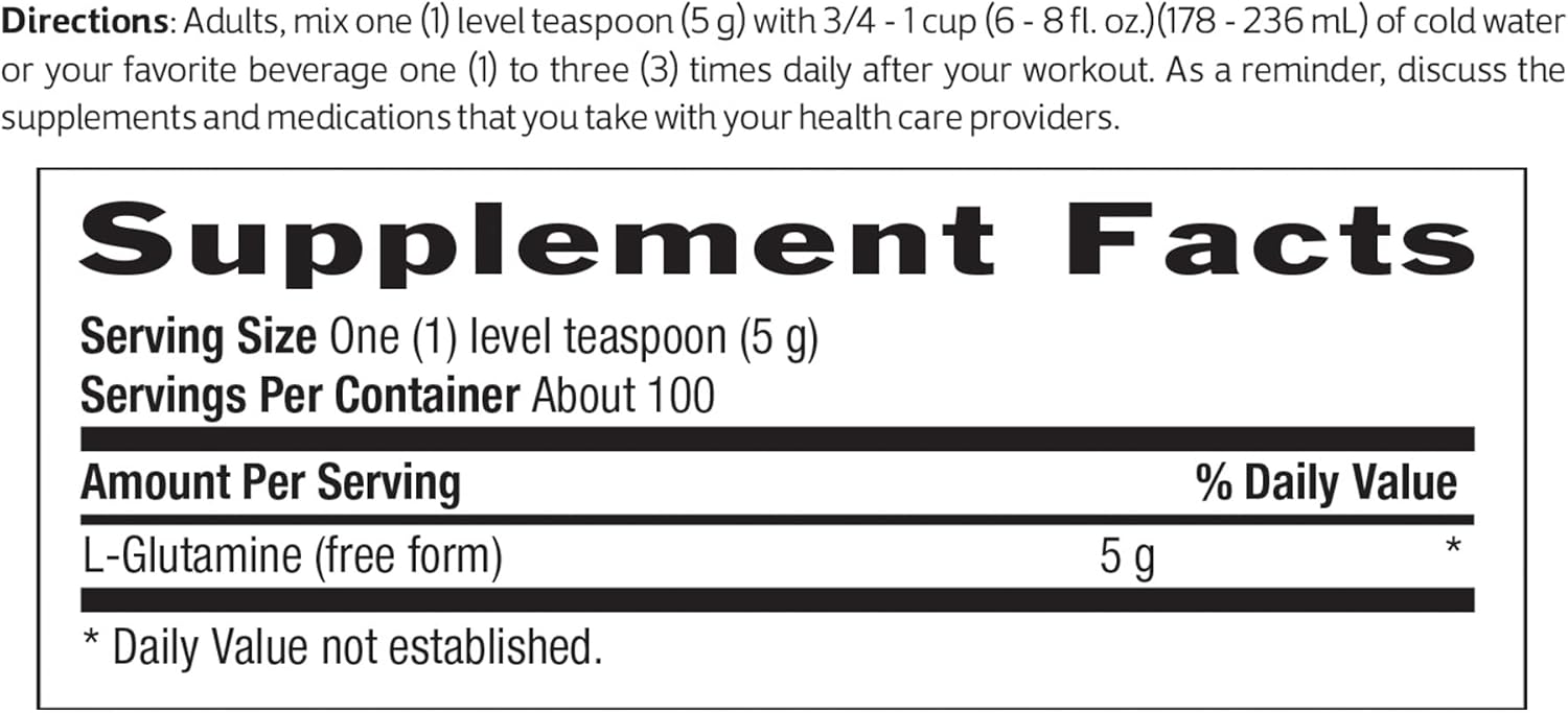 Pharmaceutical-Grade L-Glutamine Pure Powder for Post Workout Recovery - Vegan, Keto, Gluten-Free - Supports Muscle Tissue, Energy - 5g per Serving - 17.6 oz