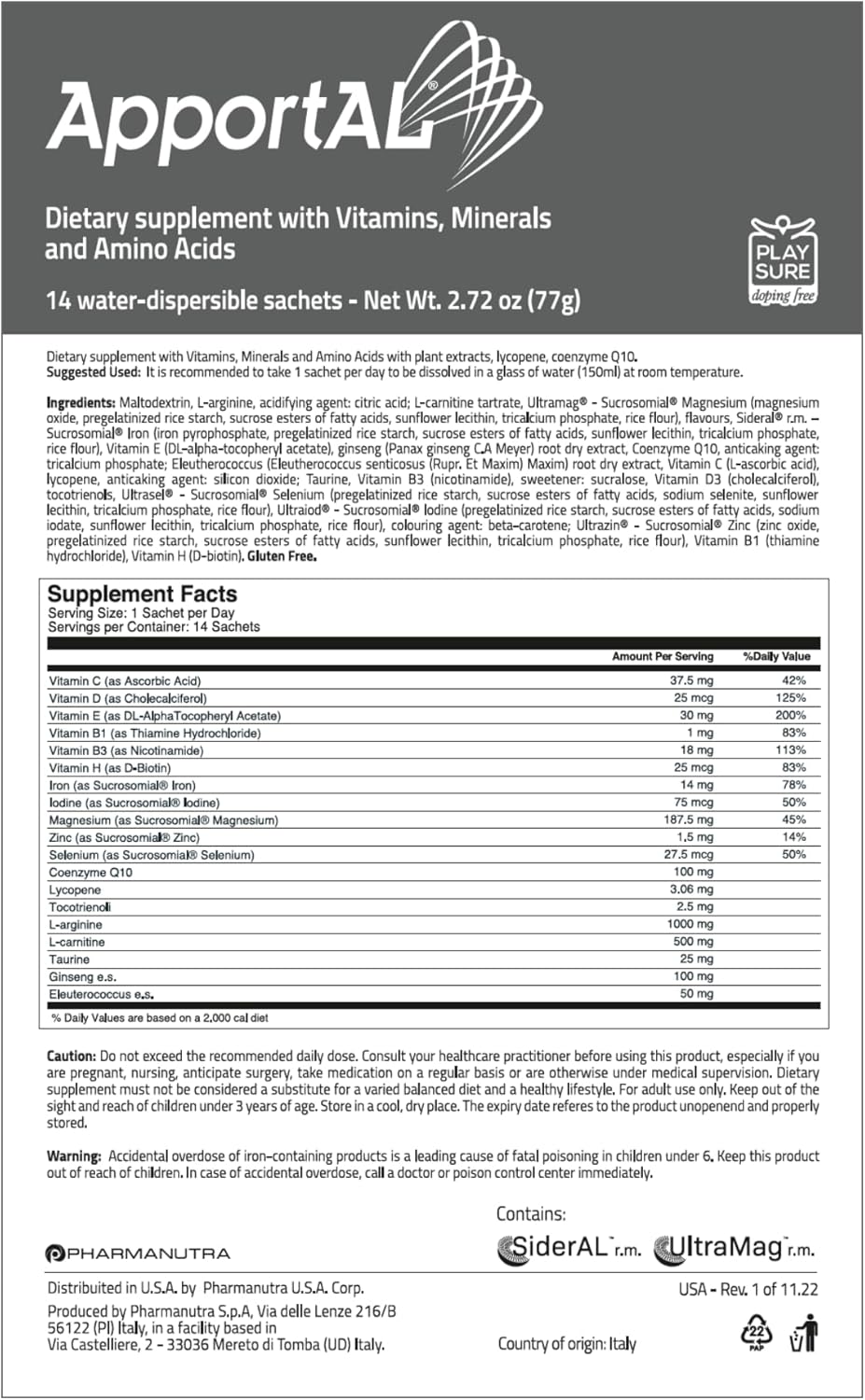 PHARMANUTRA ApportAL Multivitamin & Mineral Supplement with 19 Nutrients for Energy, Immunity, and Muscle Recovery - 14 Sachets