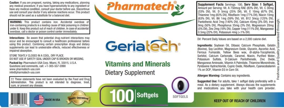 Pharmatech Geriatech Senior Multivitamin Supplement for Women and Men Over 60 with Vitamin B12 - 100 Softgels