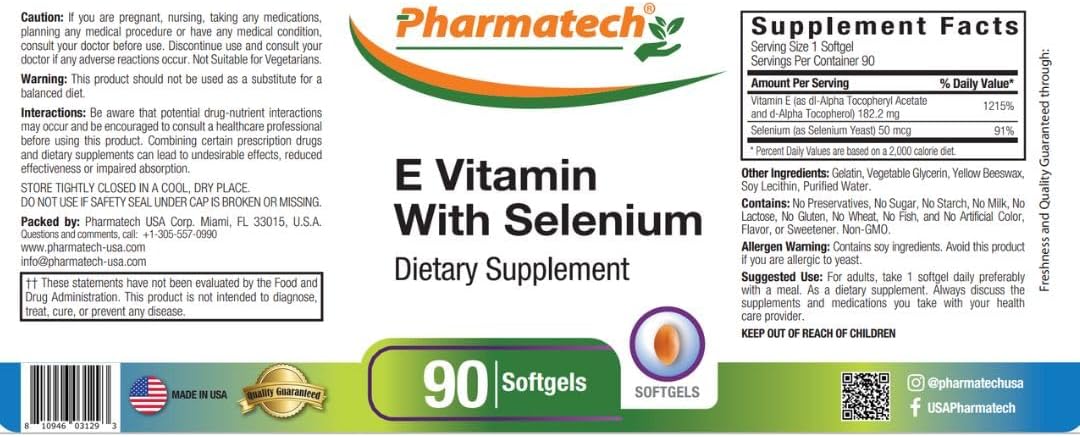 Pharmatech Vitamin E with Selenium Softgels - Antioxidant Supplement for Immune Support and Healthy Skin - Gluten-Free and Non-GMO - 90 Count, Made in USA