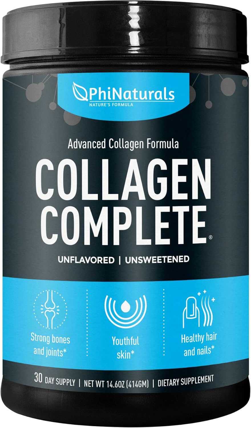 PhiNaturals Collagen Complete Anti-Aging Protein Blend with 8 Collagen Boosters and Hydrolyzed Peptides Powder Supplement [Unflavored] - Skin, Hair, Nails, Bones & Joints Support with Hyaluronic Acid