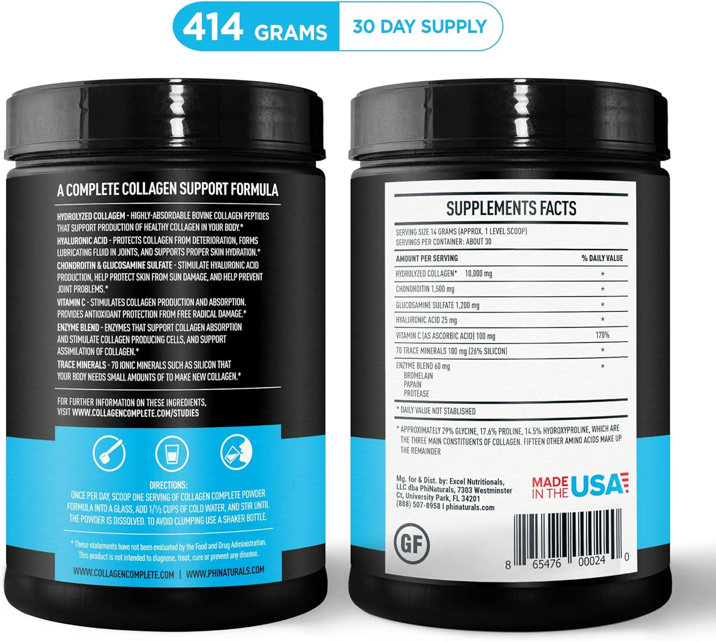 PhiNaturals Collagen Complete Anti-Aging Protein Blend with 8 Collagen Boosters and Hydrolyzed Peptides Powder Supplement [Unflavored] - Skin, Hair, Nails, Bones & Joints Support with Hyaluronic Acid