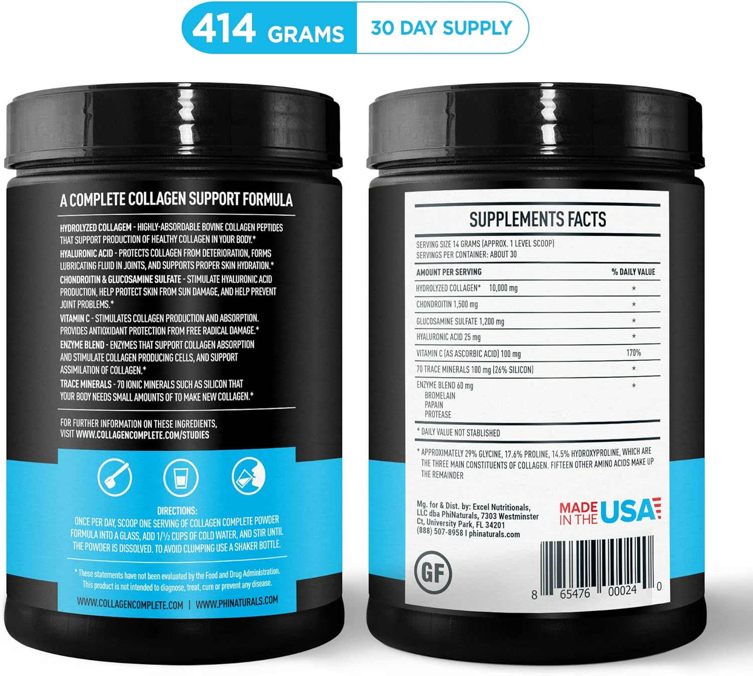 PhiNaturals Collagen Complete Anti-Aging Protein Blend with 8 Collagen Boosters and Hydrolyzed Peptides Powder Supplement [Unflavored] - Skin, Hair, Nails, Bones & Joints Support with Hyaluronic Acid