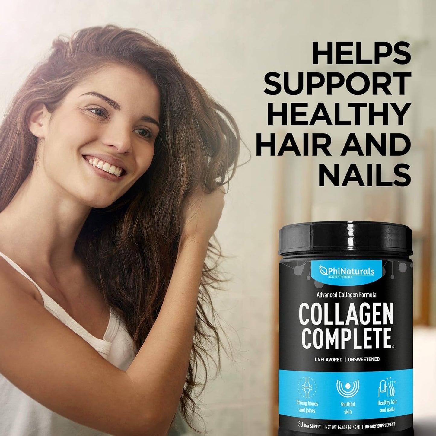 PhiNaturals Collagen Complete Anti-Aging Protein Blend with 8 Collagen Boosters and Hydrolyzed Peptides Powder Supplement [Unflavored] - Skin, Hair, Nails, Bones & Joints Support with Hyaluronic Acid
