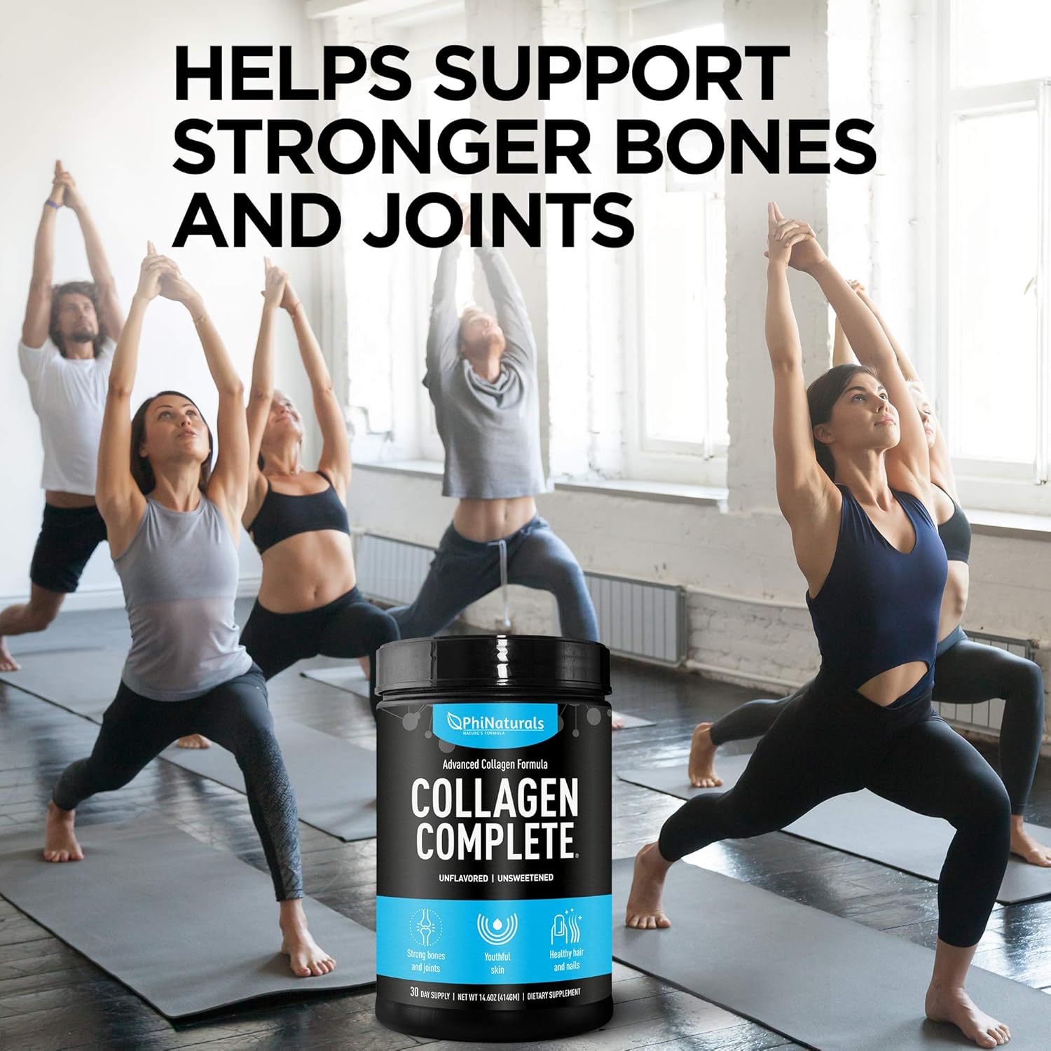 PhiNaturals Collagen Complete Anti-Aging Protein Blend with 8 Collagen Boosters and Hydrolyzed Peptides Powder Supplement [Unflavored] - Skin, Hair, Nails, Bones & Joints Support with Hyaluronic Acid