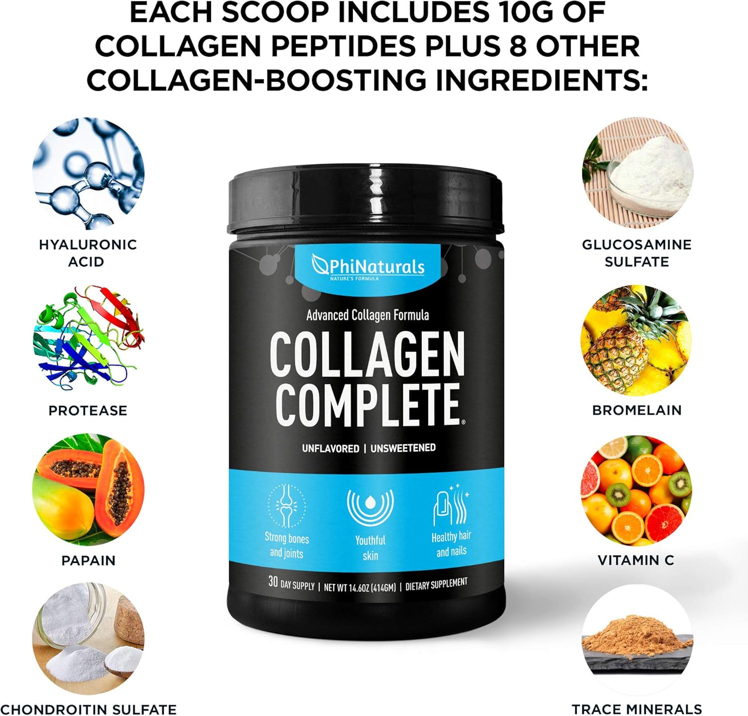 PhiNaturals Collagen Complete Anti-Aging Protein Blend with 8 Collagen Boosters and Hydrolyzed Peptides Powder Supplement [Unflavored] - Skin, Hair, Nails, Bones & Joints Support with Hyaluronic Acid