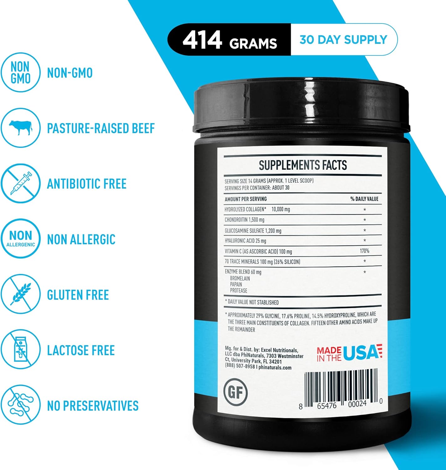 PhiNaturals Collagen Complete Anti-Aging Protein Blend with 8 Collagen Boosters and Hydrolyzed Peptides Powder Supplement [Unflavored] - Skin, Hair, Nails, Bones & Joints Support with Hyaluronic Acid