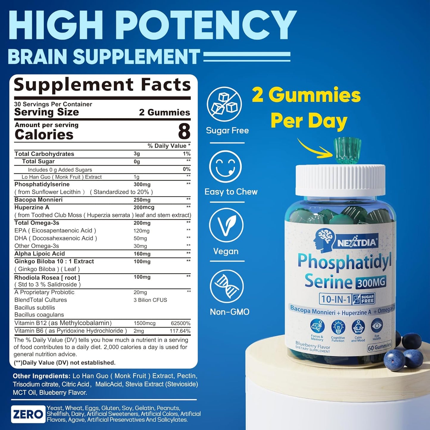 Phosphatidylserine Focus Gummies for Adults - 10-in-1 Brain Supplement with Omega 3, Bacopa Monnieri, Huperzine A, B6 & B12 - Memory & Concentration Support - Sugar Free - 60 Count