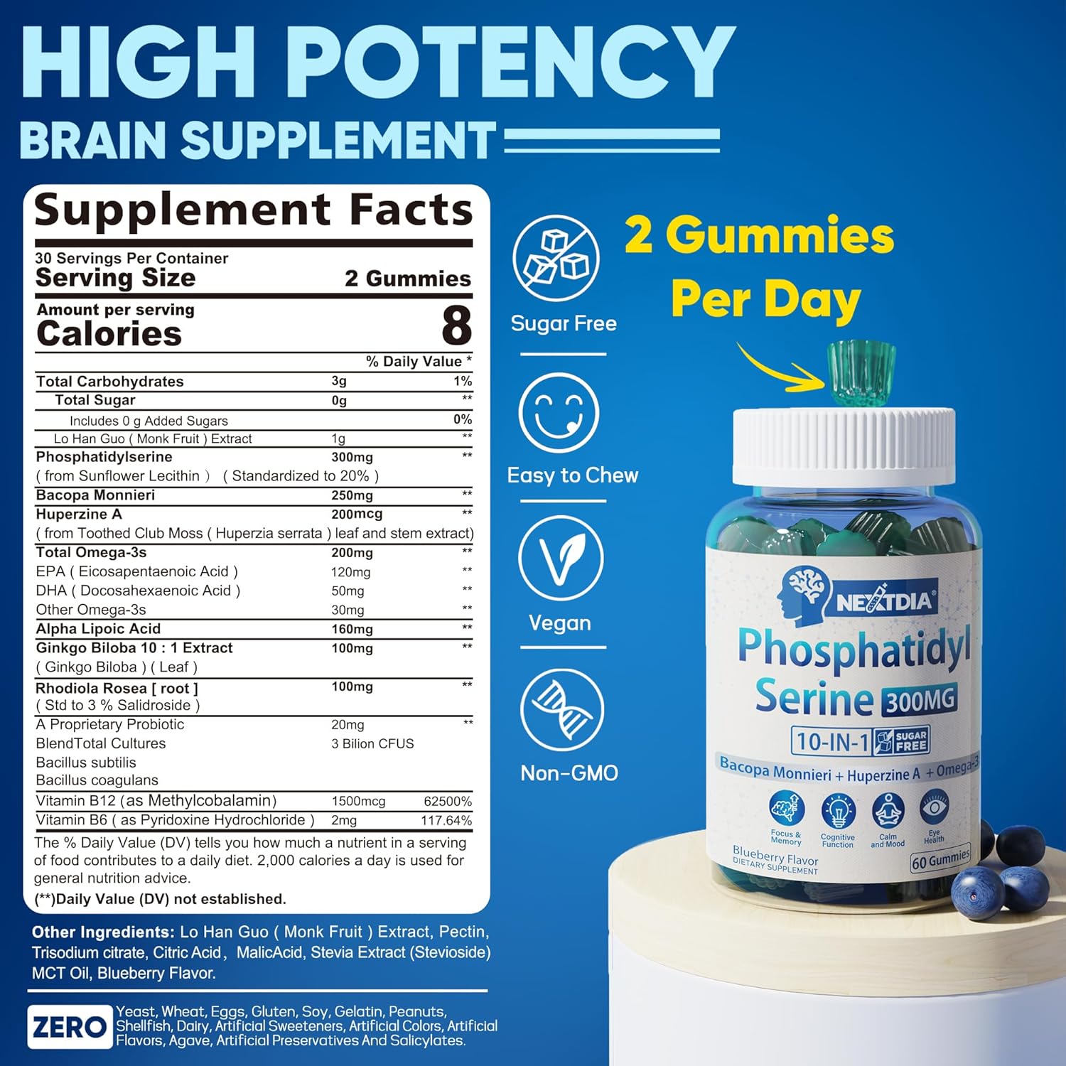 Phosphatidylserine Focus Gummies for Adults - 10-in-1 Brain Supplement with Omega 3, Bacopa Monnieri, Huperzine A, B6 & B12 - Memory & Concentration Support - Sugar Free - 60 Count