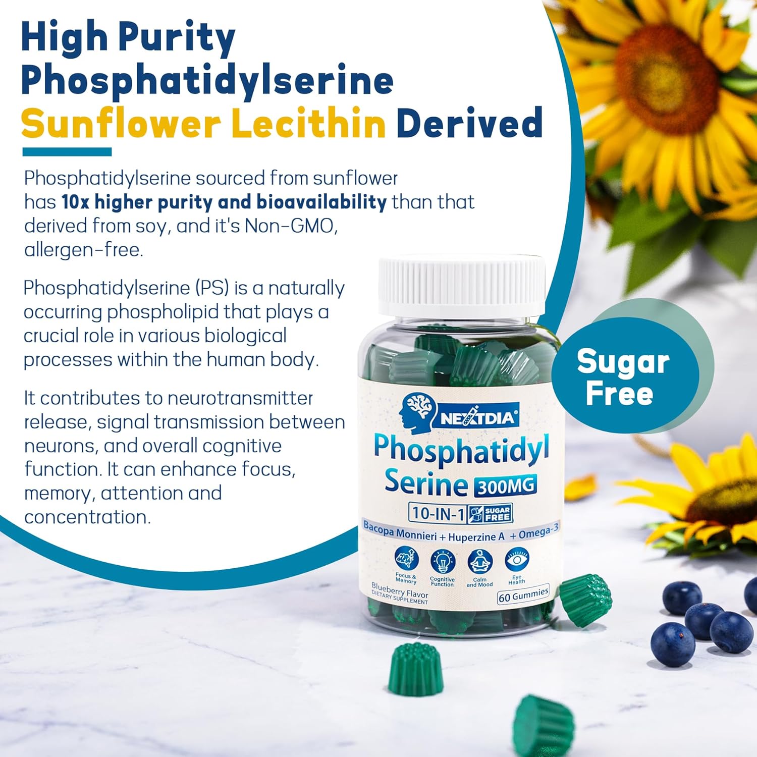 Phosphatidylserine Focus Gummies for Adults - 10-in-1 Brain Supplement with Omega 3, Bacopa Monnieri, Huperzine A, B6 & B12 - Memory & Concentration Support - Sugar Free - 60 Count