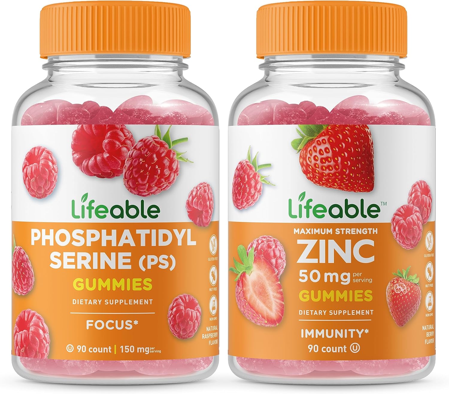 Phosphatidylserine (PS) + Zinc Gummies Bundle - 50mg, Chewable Vitamin Supplement, Gluten Free, GMO Free, Great Taste