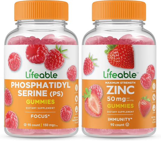 Phosphatidylserine (PS) + Zinc Gummies Bundle - 50mg, Chewable Vitamin Supplement, Gluten Free, GMO Free, Great Taste