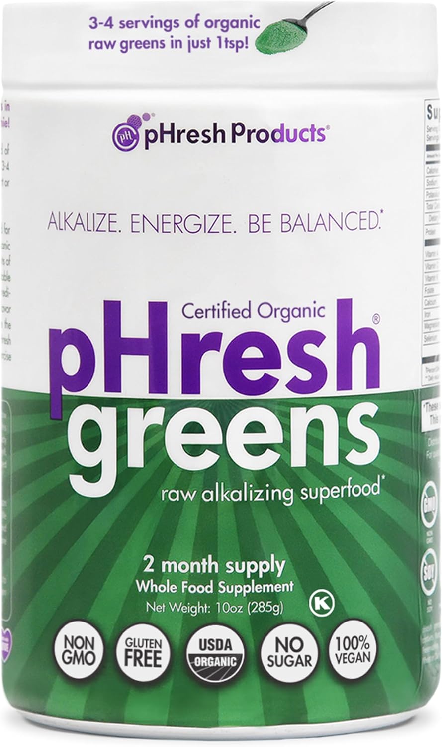 pHresh Products Greens Powder - Alkalizing Superfood, 2 Month Supply, Vegan, Kosher, Gluten Free - Natural Enzymes, Nutrients for Intermittent Fasting - 10 oz