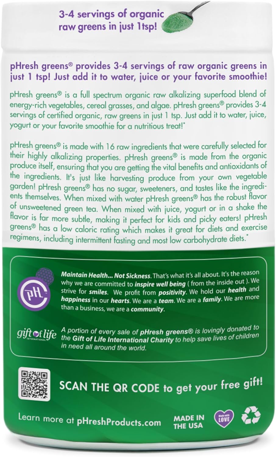 pHresh Products Greens Powder - Alkalizing Superfood, 2 Month Supply, Vegan, Kosher, Gluten Free - Natural Enzymes, Nutrients for Intermittent Fasting - 10 oz