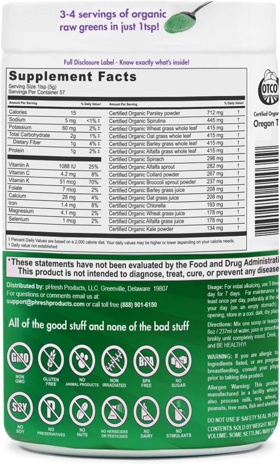 pHresh Products Greens Powder - Alkalizing Superfood, 2 Month Supply, Vegan, Kosher, Gluten Free - Natural Enzymes, Nutrients for Intermittent Fasting - 10 oz