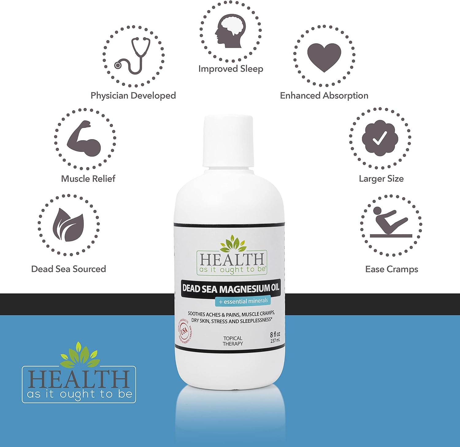 Physician Formulated Dead Sea Magnesium Oil Supplement for Calming Aches, Pains, and Sleeplessness - 8 Ounce Bottle with Essential Minerals