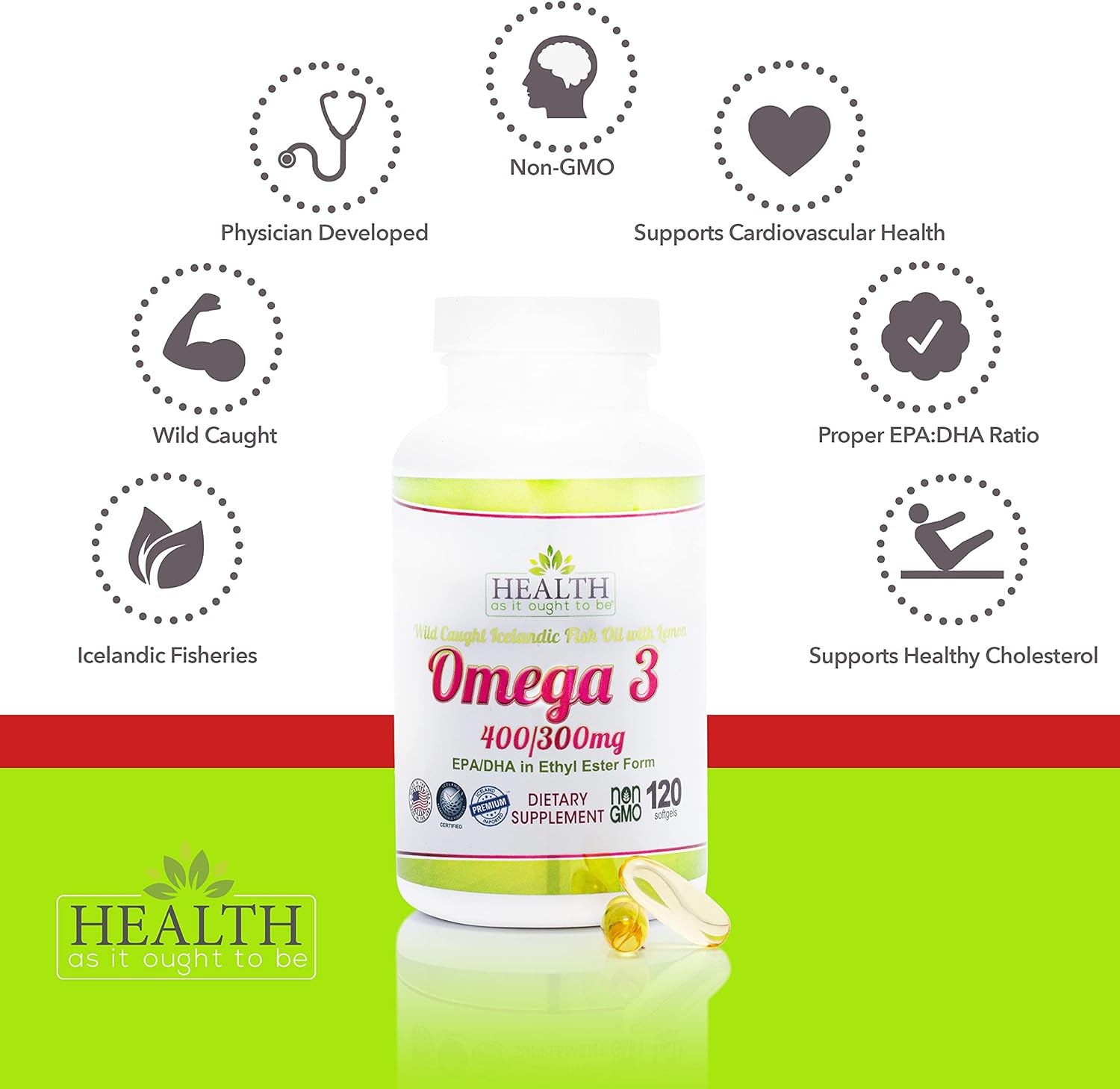 Physician Formulated Omega 3 400/300 mg Supplement | Wild Caught Icelandic Fish Oil with Lemon | 120 Capsules