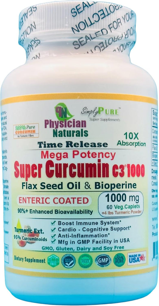 Physician Naturals Mega Potency Super Curcumin 1000mg Time Release Enteric Coated with Bioperine and Flaxseed Oil - Highest Absorption Turmeric Extract