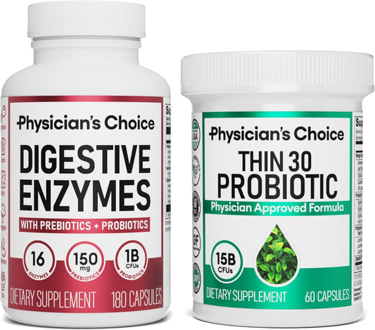 Physician's CHOICE Digestive Enzymes and Probiotic Bundle for Bloating and Weight Management - 180ct Enzymes + 60ct Probiotics - Value Pack