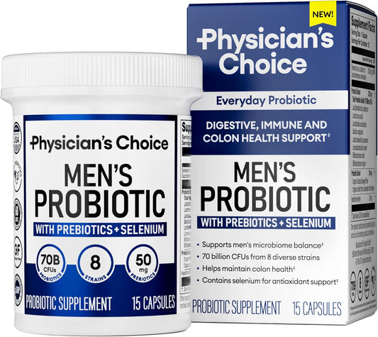 Physician's Choice Men's Probiotics - 70 Billion CFU - 8 Strains - With Selenium & Prebiotics - Supports Digestive, Microbiome, Colon, & Immune Health - Advanced Formula - 15ct Sample Size