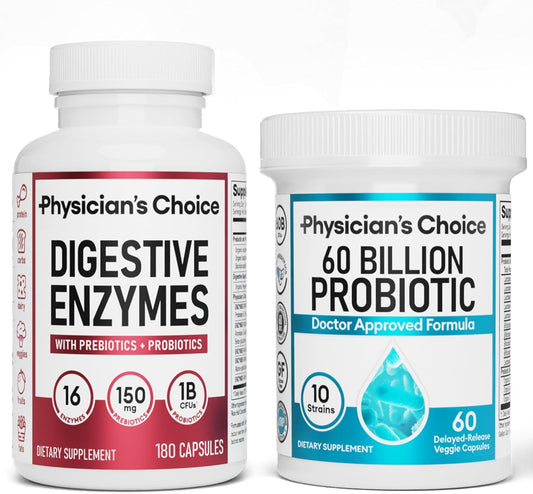 Physician's CHOICE Optimal Gut Health Bundle: 60ct Probiotic + 180ct Digestive Enzyme for Digestive Comfort and Immune Support
