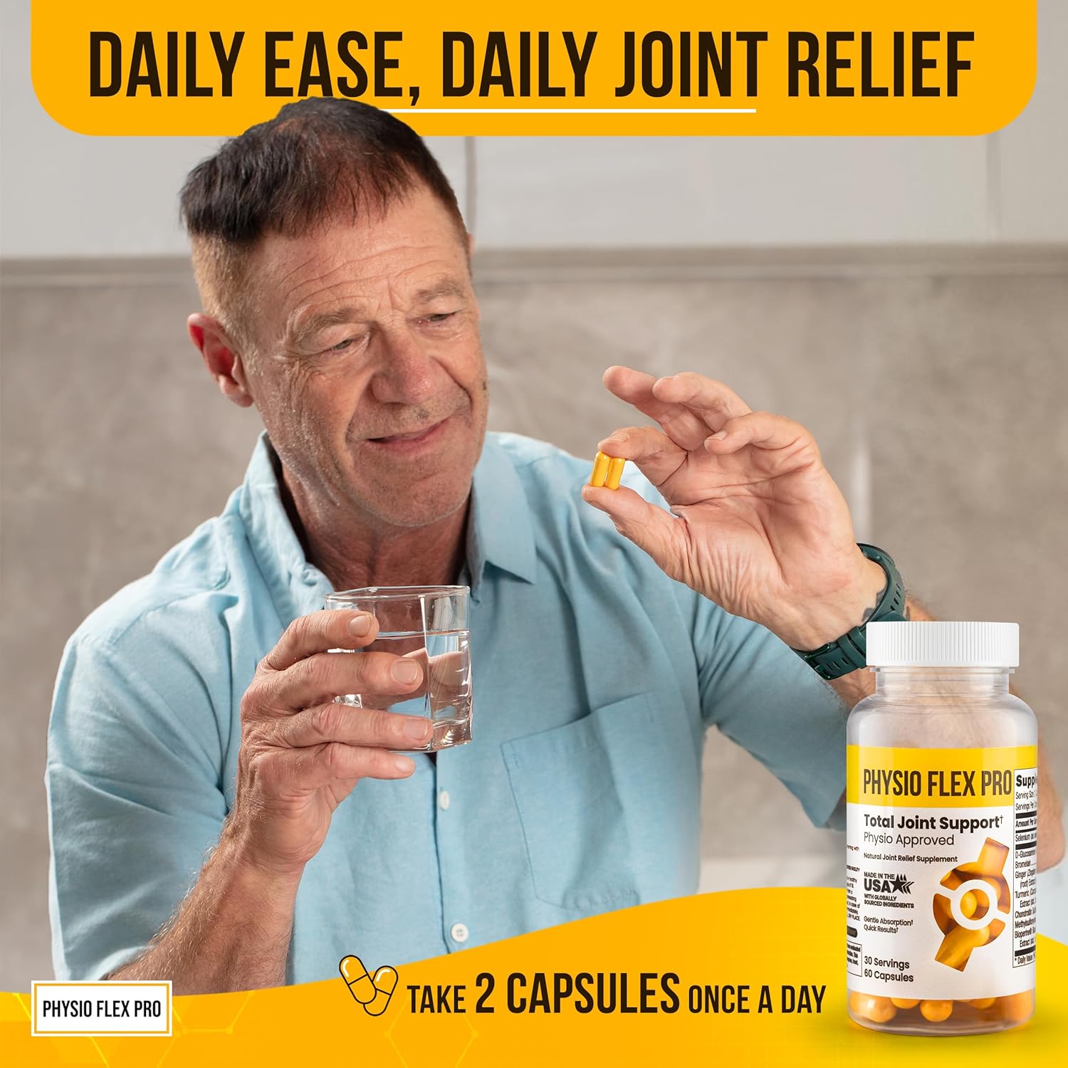 Physio Flex Pro Men's Joint Support Supplement - Glucosamine, Chondroitin, Selenium & Bromelain - 60 Capsules - Made in USA