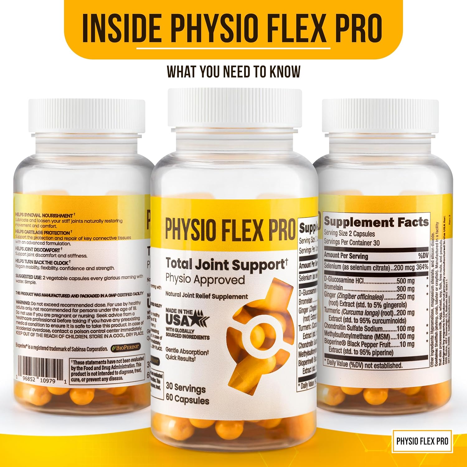 Physio Flex Pro Men's Joint Support Supplement - Glucosamine, Chondroitin, Selenium & Bromelain - 60 Capsules - Made in USA