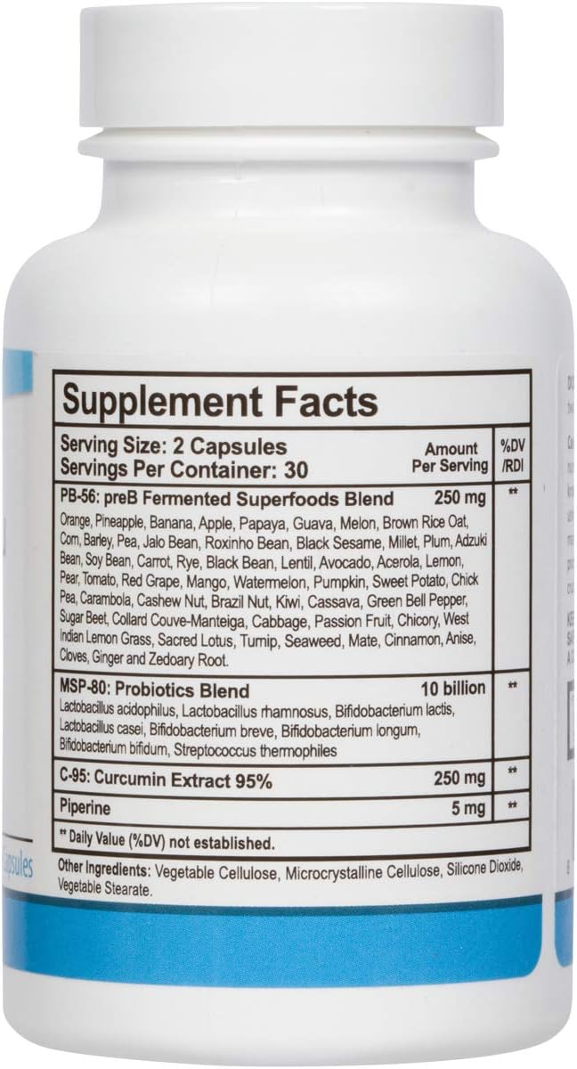 PhysioTru Physio Flora Gut Health Supplement with Curcumin, Piperine, Probiotics, and Prebiotics - 240 Veggie Capsules