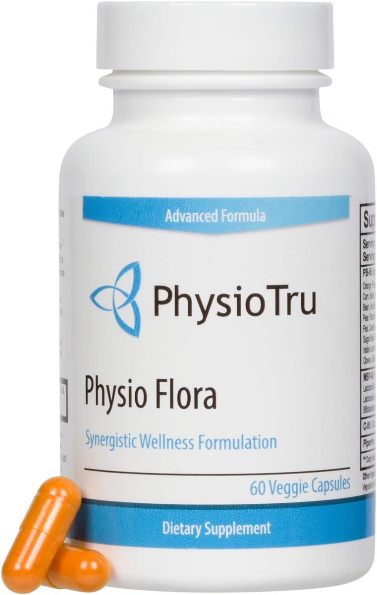 PhysioTru Physio Flora Gut Health Supplement with Curcumin, Piperine, Probiotics, and Prebiotics - 240 Veggie Capsules