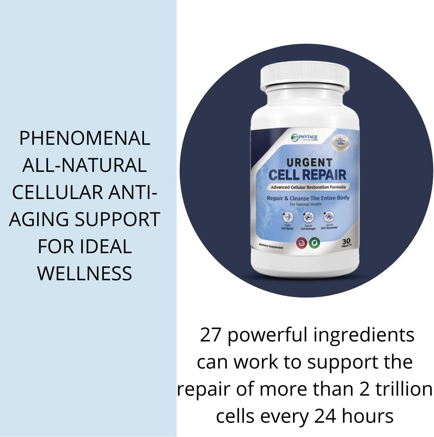 Phytage Labs Urgent Cell Repair Tablets - Natural Cellular Regeneration for Skin, Kidney, Hair, Gut, Bones, Brain, Joints, Lungs, Liver - Anti Aging Formula - BoostGo Australia