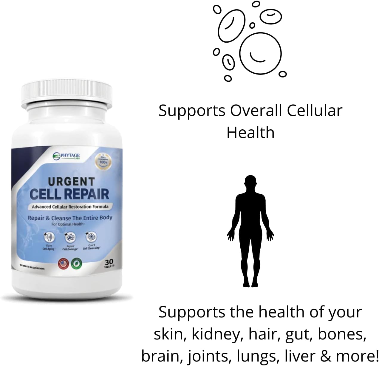 Phytage Labs Urgent Cell Repair Tablets - Natural Cellular Regeneration for Skin, Kidney, Hair, Gut, Bones, Brain, Joints, Lungs, Liver - Anti Aging Formula - BoostGo Australia