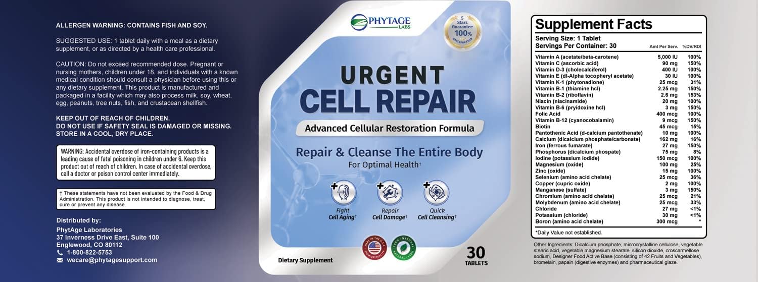 Phytage Labs Urgent Cell Repair Tablets - Natural Cellular Regeneration for Skin, Kidney, Hair, Gut, Bones, Brain, Joints, Lungs, Liver - Anti Aging Formula - BoostGo Australia