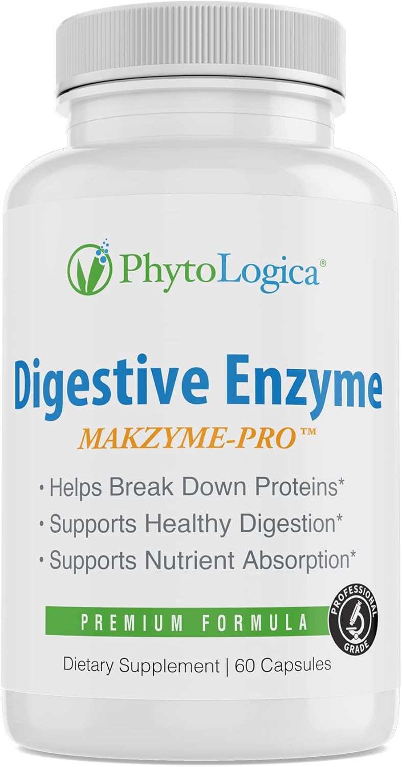 PhytoLogica Digestive Enzymes with Makzyme-Pro: Enzyme & Probiotic Supplement - Supports Digestion & Nutrition Absorption - Non-GMO, Gluten-Free, Vegan - 60 Capsules