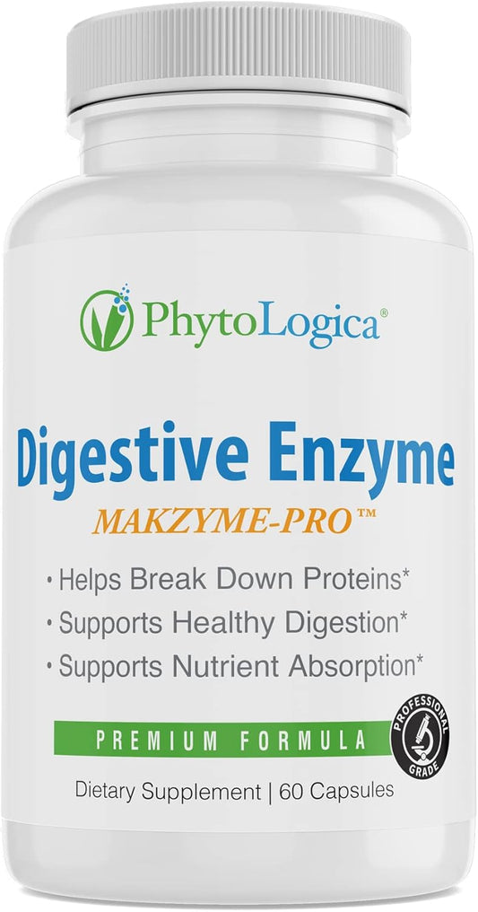 PhytoLogica Digestive Enzymes with Makzyme-Pro: Enzyme & Probiotic Supplement - Supports Digestion & Nutrition Absorption - Non-GMO, Gluten-Free, Vegan - 60 Capsules