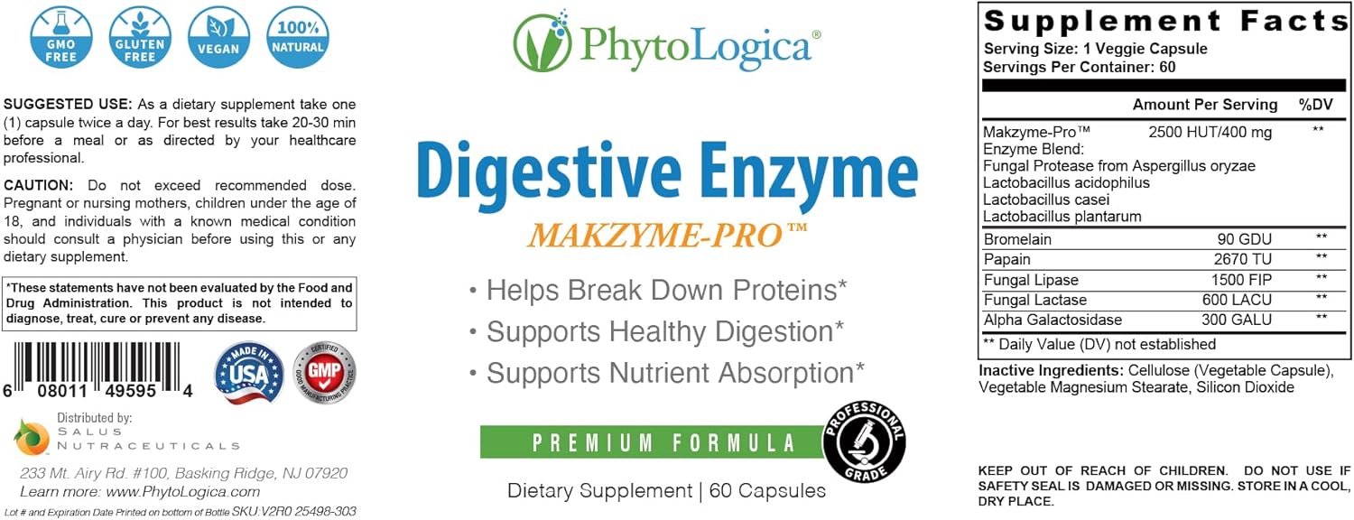 PhytoLogica Digestive Enzymes with Makzyme-Pro: Enzyme & Probiotic Supplement - Supports Digestion & Nutrition Absorption - Non-GMO, Gluten-Free, Vegan - 60 Capsules