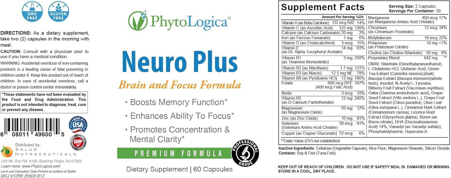 PhytoLogica Neuro Plus Brain and Focus Formula with Vitamins, Minerals, and Herb Extracts - Enhances Memory, Focus, and Mental Clarity - 60 Capsules