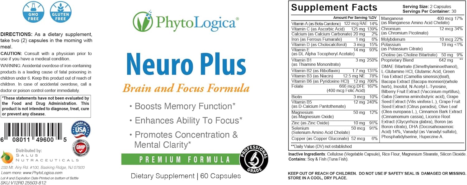 PhytoLogica Neuro Plus Brain and Focus Formula with Vitamins, Minerals, and Herb Extracts - Enhances Memory, Focus, and Mental Clarity - 60 Capsules
