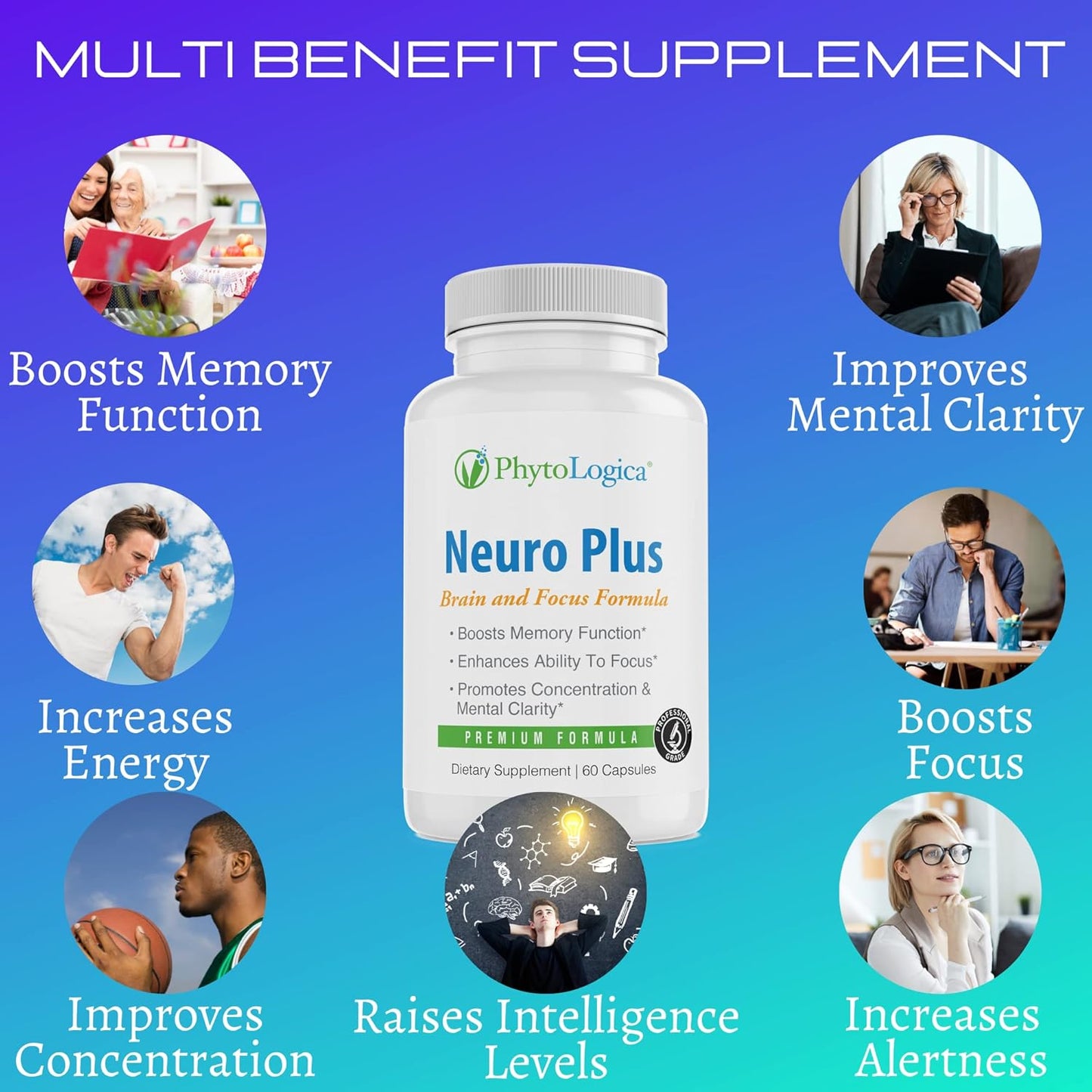 PhytoLogica Neuro Plus Brain and Focus Formula with Vitamins, Minerals, and Herb Extracts - Enhances Memory, Focus, and Mental Clarity - 60 Capsules