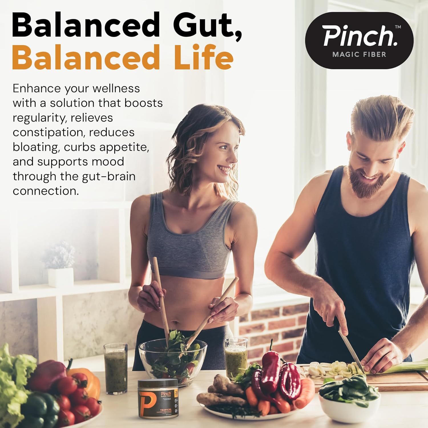 Pinch Magic Prebiotic Fiber Supplement & Shaker Combo for Digestive Health - Keto, Vegan, Sugar-Free - BPA-Free Shaker - USA-Made - 28-Day Supply - 20 oz