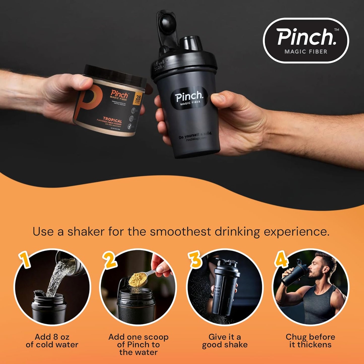Pinch Magic Prebiotic Fiber Supplement & Shaker Combo for Digestive Health - Keto, Vegan, Sugar-Free - BPA-Free Shaker - USA-Made - 28-Day Supply - 20 oz