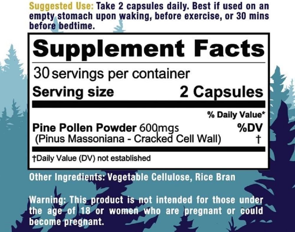 Pine Pollen 600mg Capsules - Daily Health Supplement with Superfood Vitamins & Minerals for a Month Supply