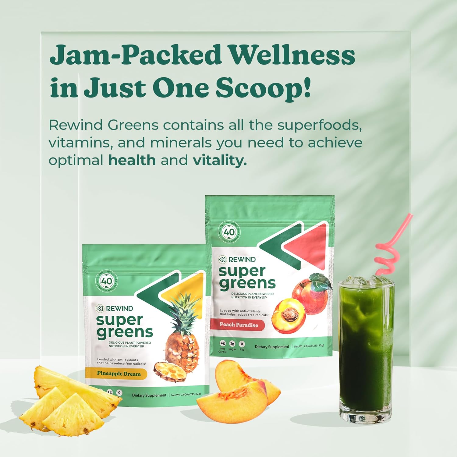 Pineapple and Peach Super Greens Powder with Over 40 Superfoods for Energy, Immunity, and Gut Health